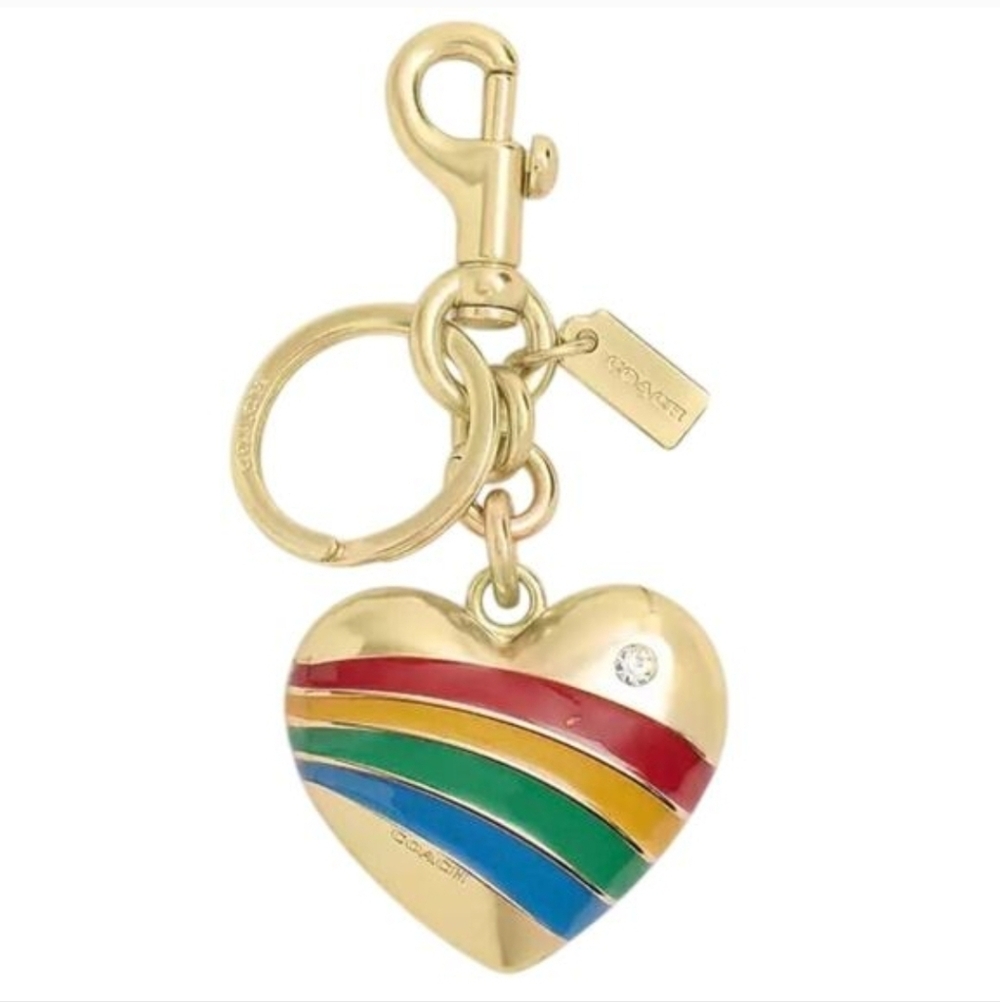 🌈🔹️Coach🔹️ Gold Heart Keychain with Multicolor Stripes
